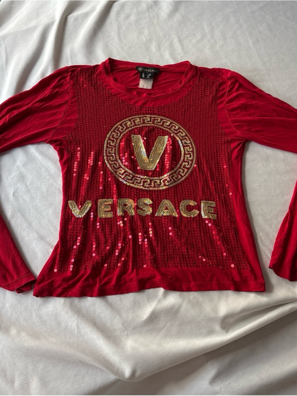 Versace Red Long-Sleeve Sequin Logo Top with Gold Accents